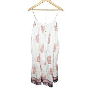 Lucky Brand Boho Floral Cotton Midi Dress White Red Border Print Lightweight Med